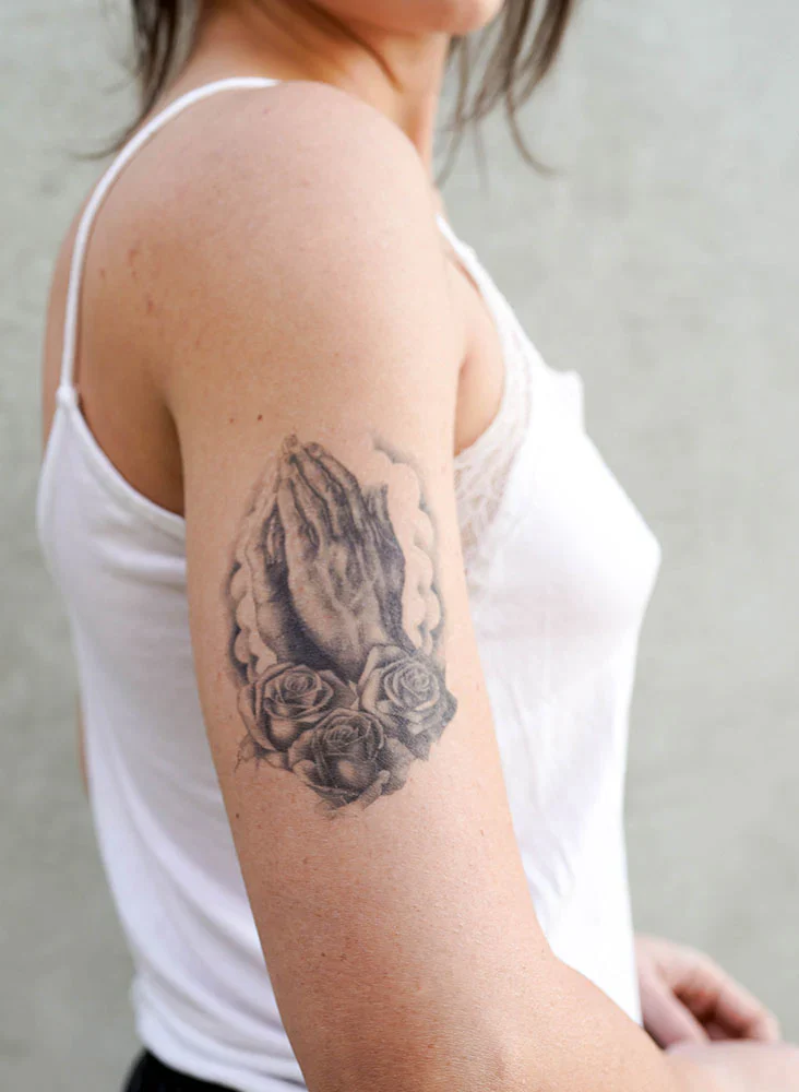 Tattooed Now! Realistic Praying Hands with Roses - Image 2